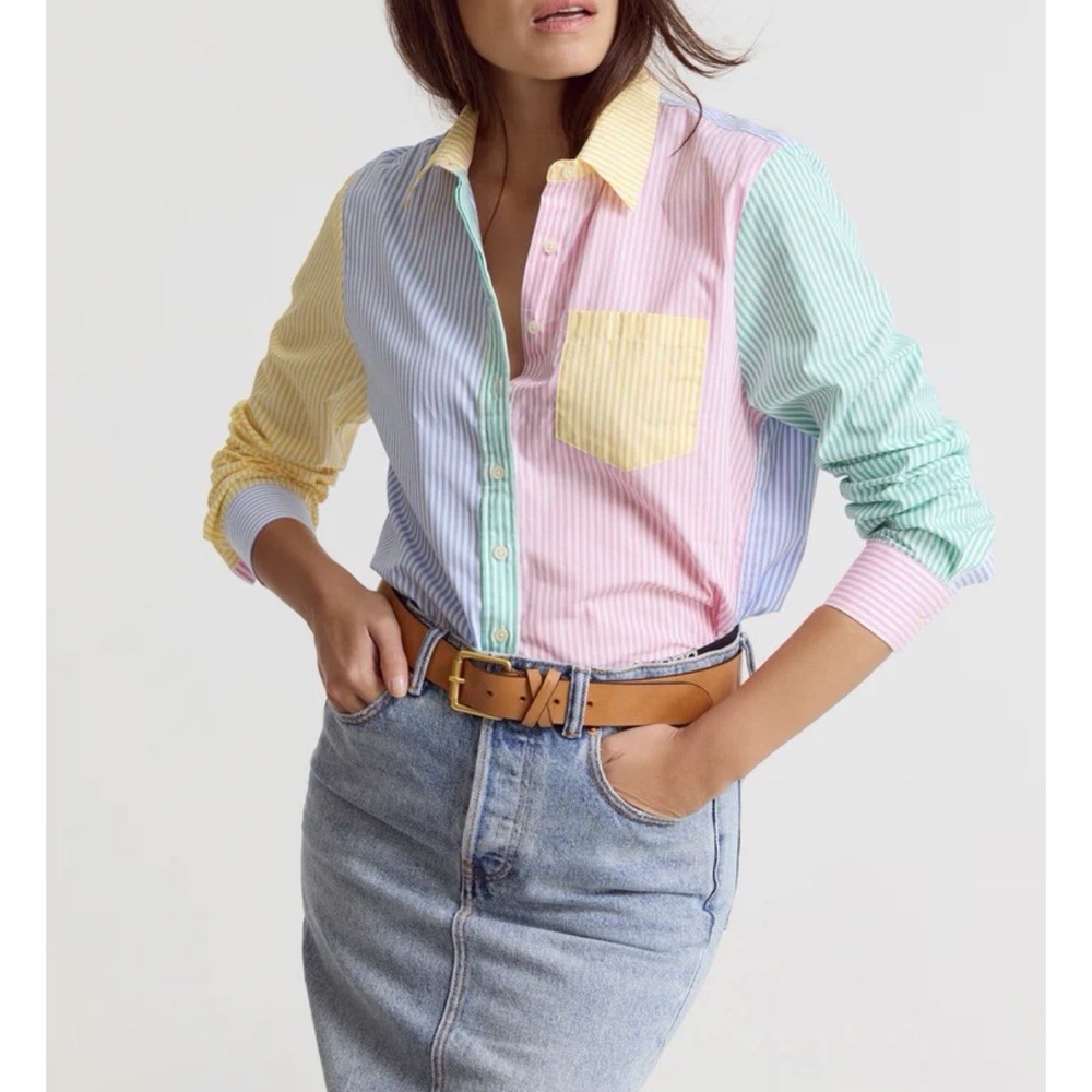 The Shirt Rochelle Behrens Boyfriend Shirt Medium Rainbow Stripe Patchwork I20-4